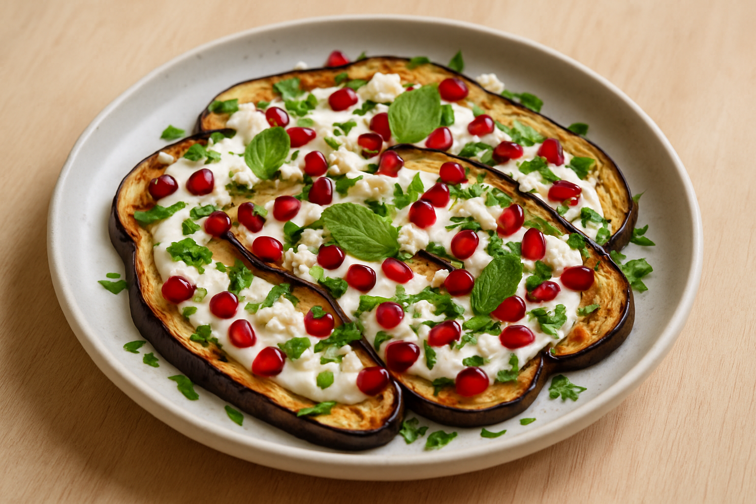 Impressie van Geroosterde aubergine met granaatappel