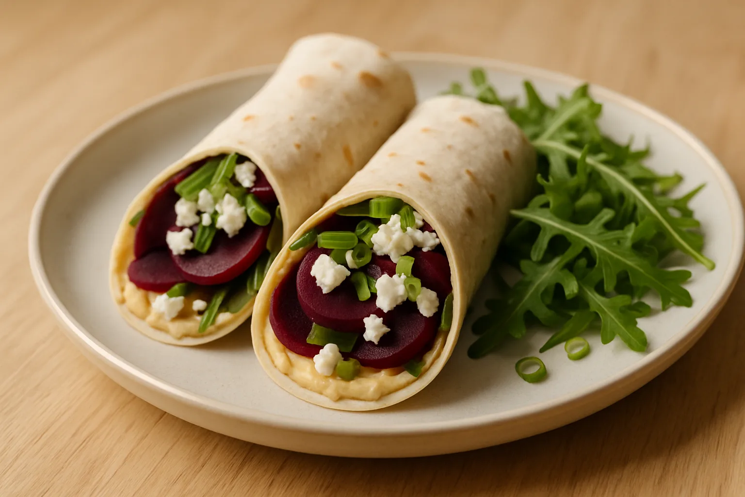 Impressie van Tortilla's met hummus, biet en feta