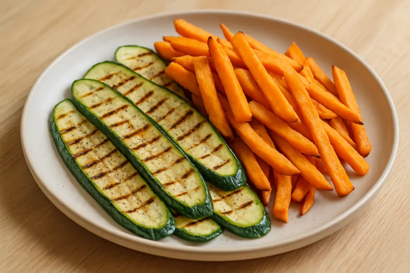 Impressie van Gegrilde courgette met gefrituurde zoete aardappel