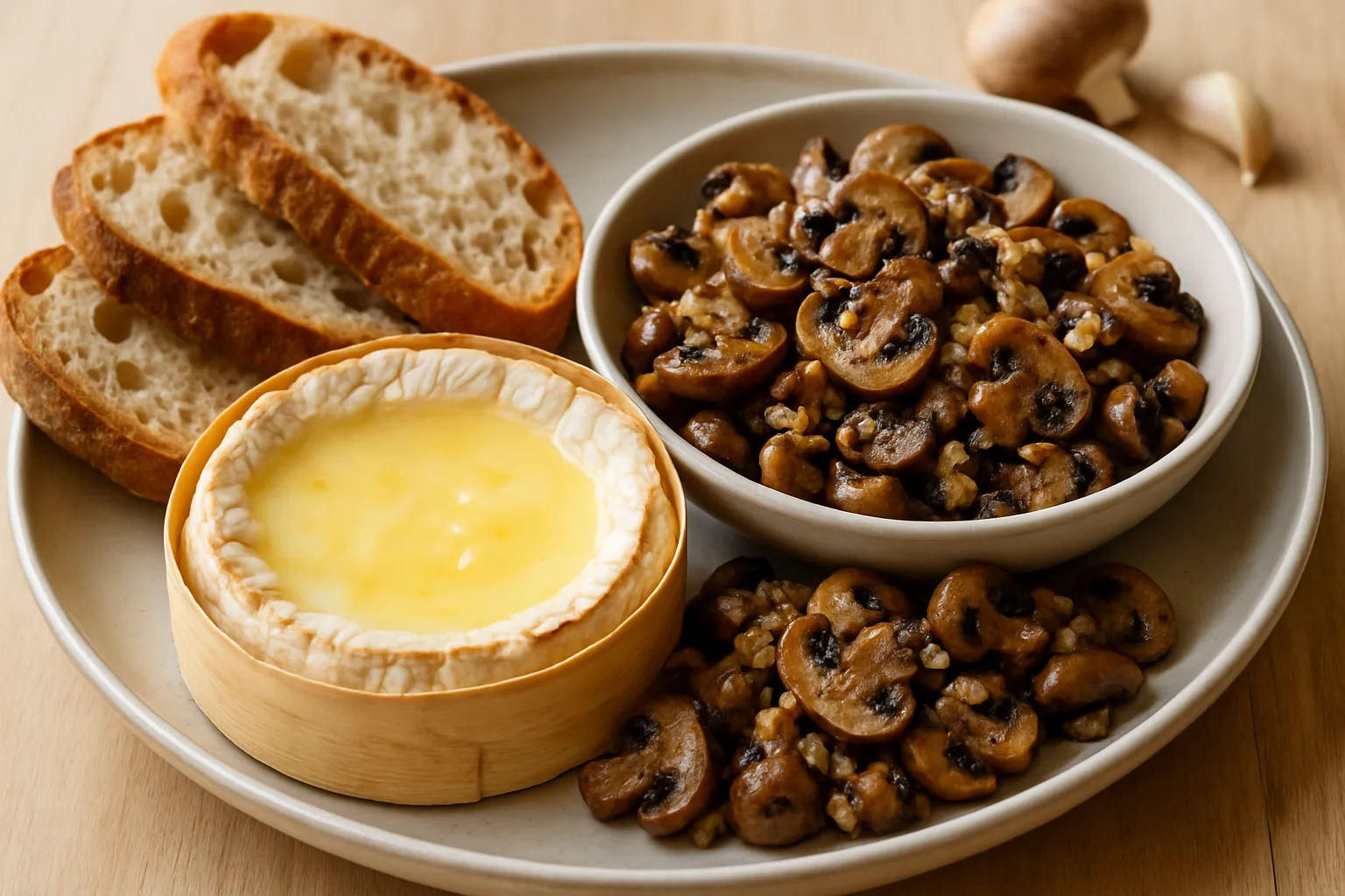 Impressie van Camembert met knoflookchampignons