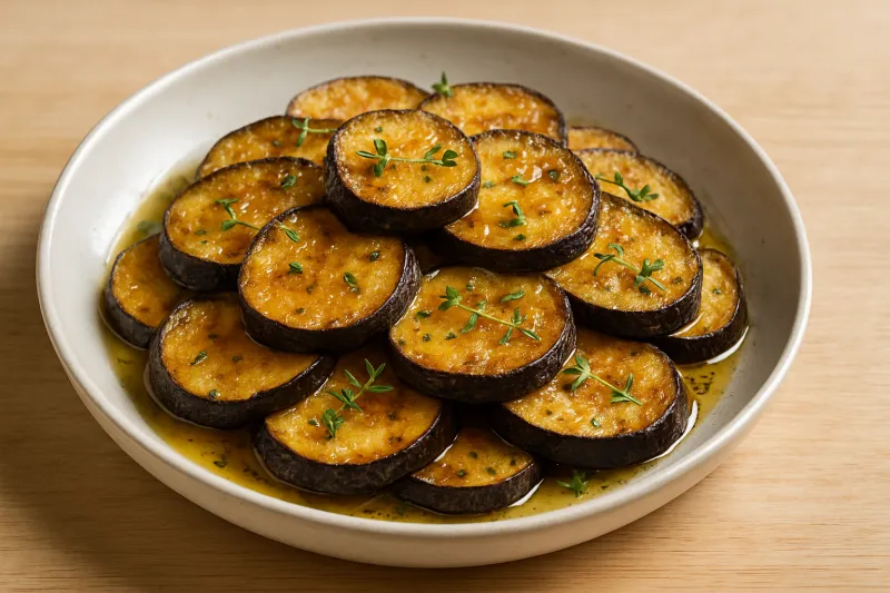 Impressie van Gebakken aubergine met honing-tijm dressing