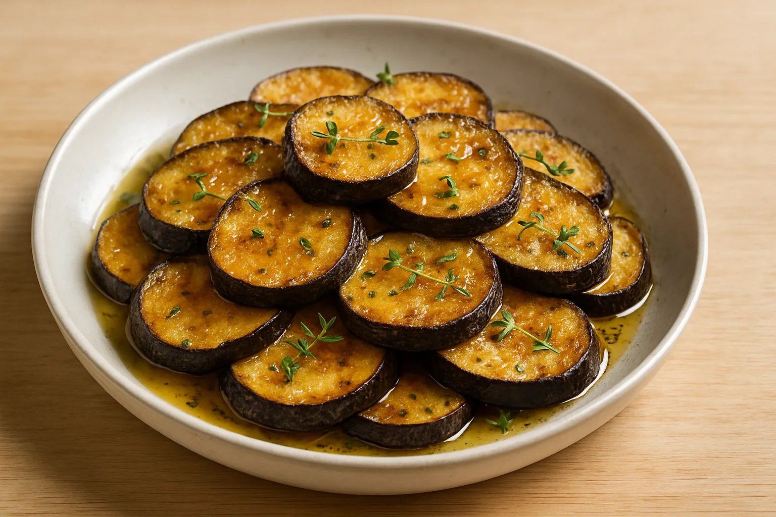 Impressie van Gebakken aubergine met honing-tijm dressing